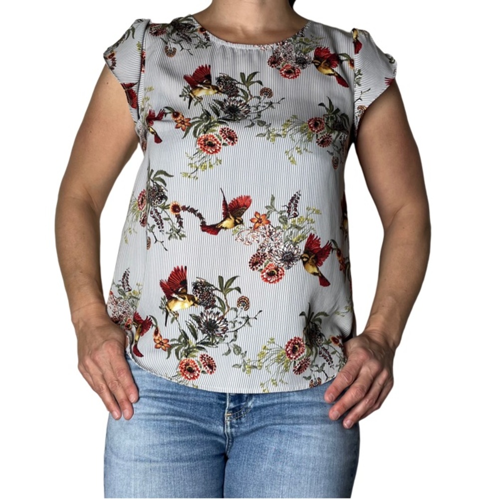 Cap Sleeved Blouse Bird and Floral Design